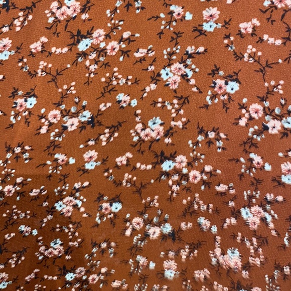 Long, burnt Orange/brick colored dress with flowers. Tortoise shell buttons. - Picture 2 of 5